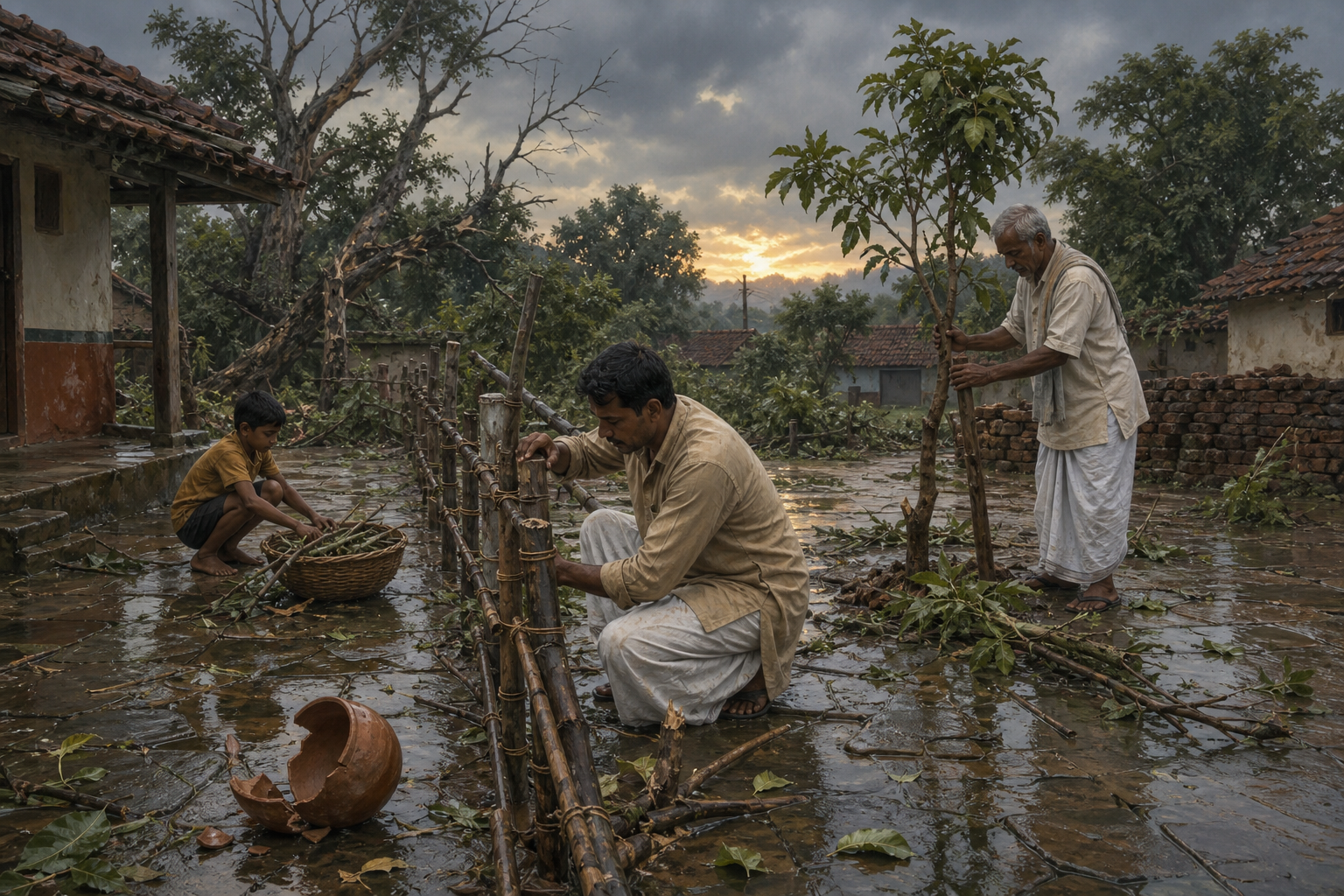 Three people work together in a rain-wet courtyard, repairing a fence, supporting a young tree, and collecting fallen branches after a storm.