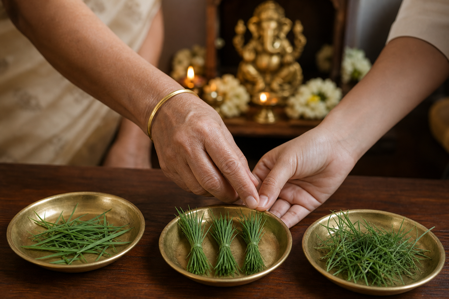 Older and younger hands consider separate pieces, loose clusters, and small bundles of durva arranged in three brass dishes.