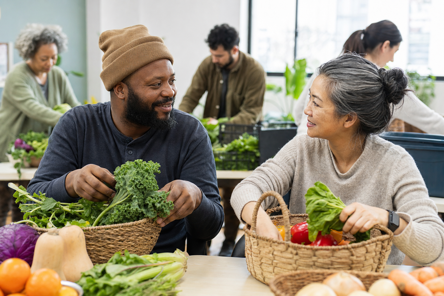 Two adults seated as equals sort fresh produce into baskets together in a community room.