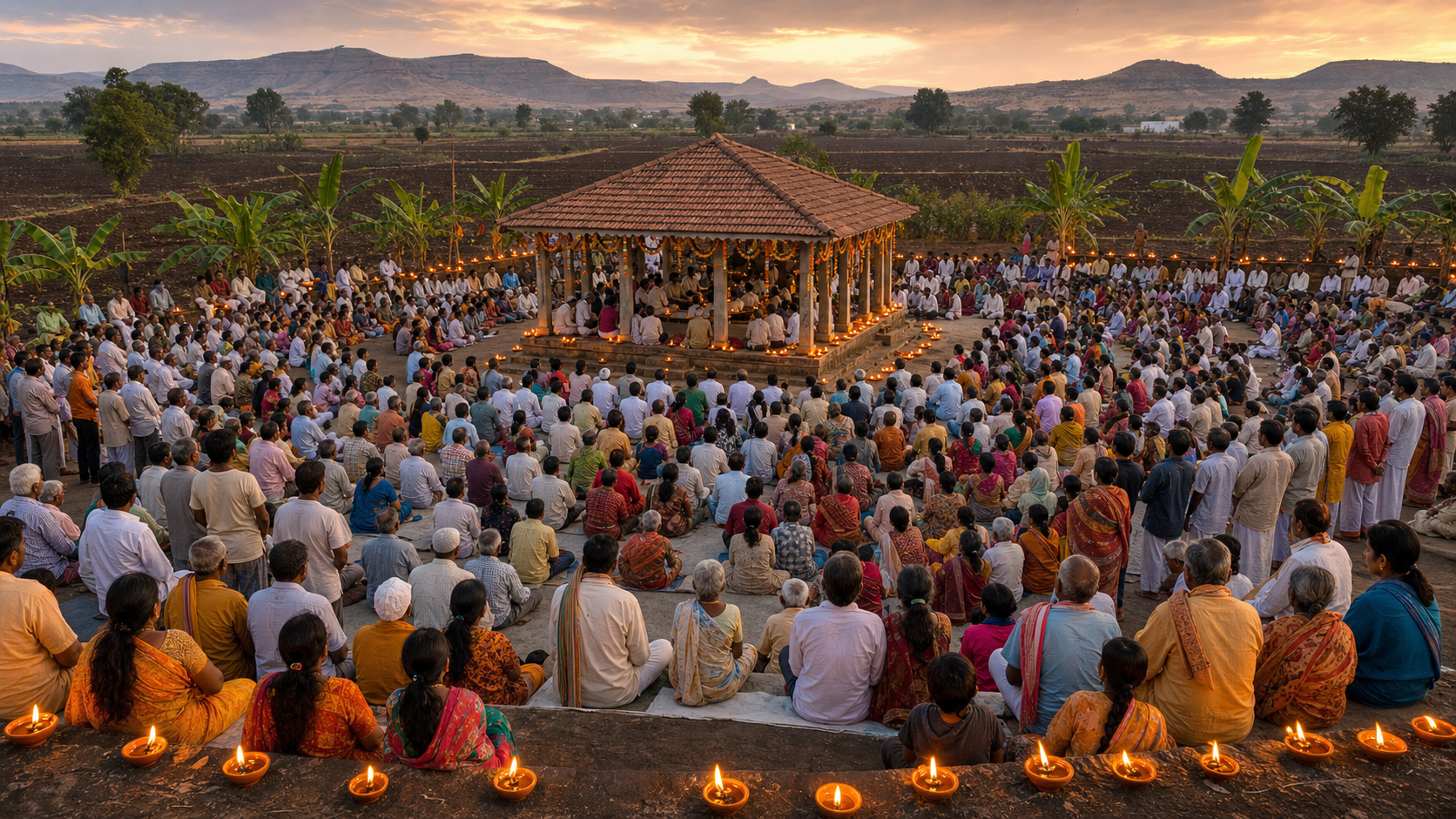 An illustrated intergenerational community gathering in an open Jalgaon landscape, with attendees assembled around a decorated central pavilion at sunset.