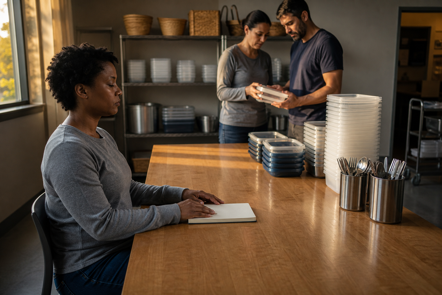 A volunteer pauses quietly beside a closed notebook after meal service while teammates inspect the remaining supplies.