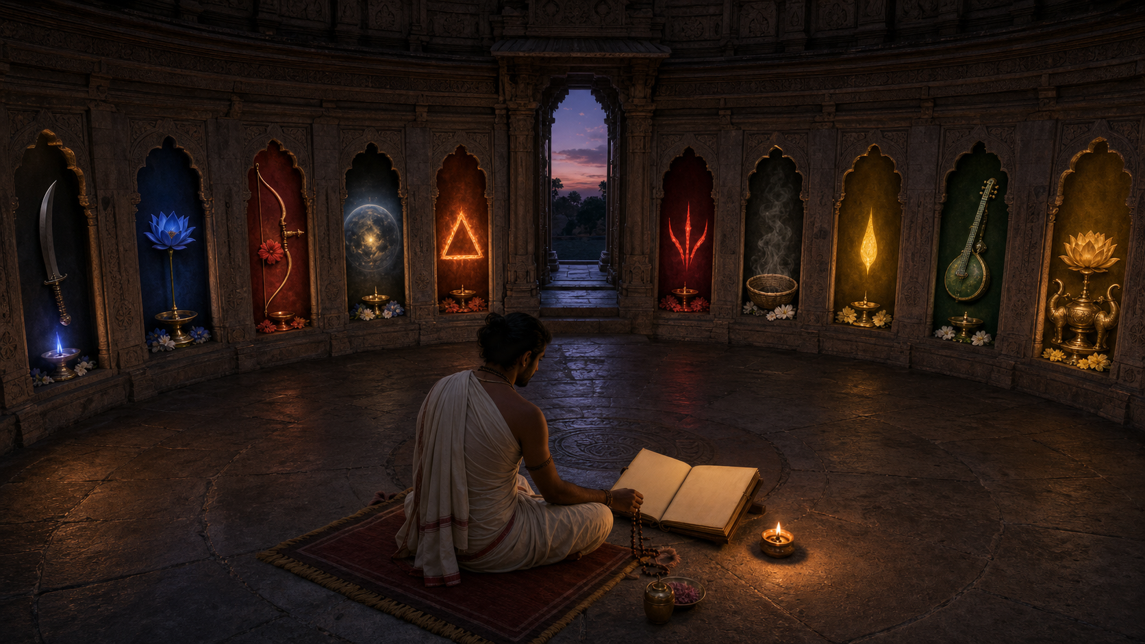 A practitioner studies in a circular temple surrounded by ten separate alcoves marked with distinct symbols of the Mahavidyas.