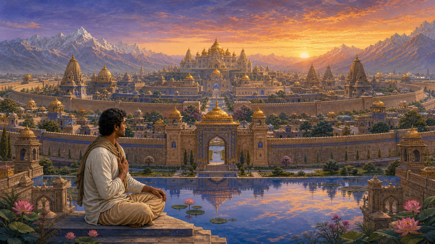 A contemplative figure sits beside a lotus pool overlooking a radiant golden city with palace roofs, gardens, gateways, and distant mountains.