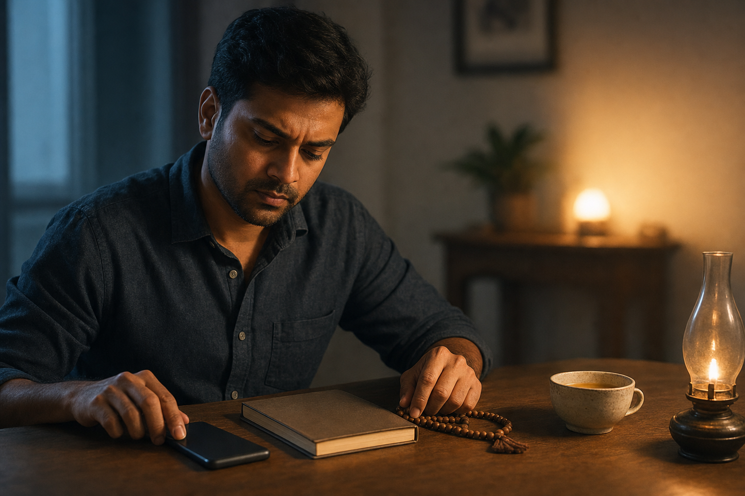 A person pauses after setting down a phone, resting one hand near a wooden prayer mala beside a lamp and cup of tea.