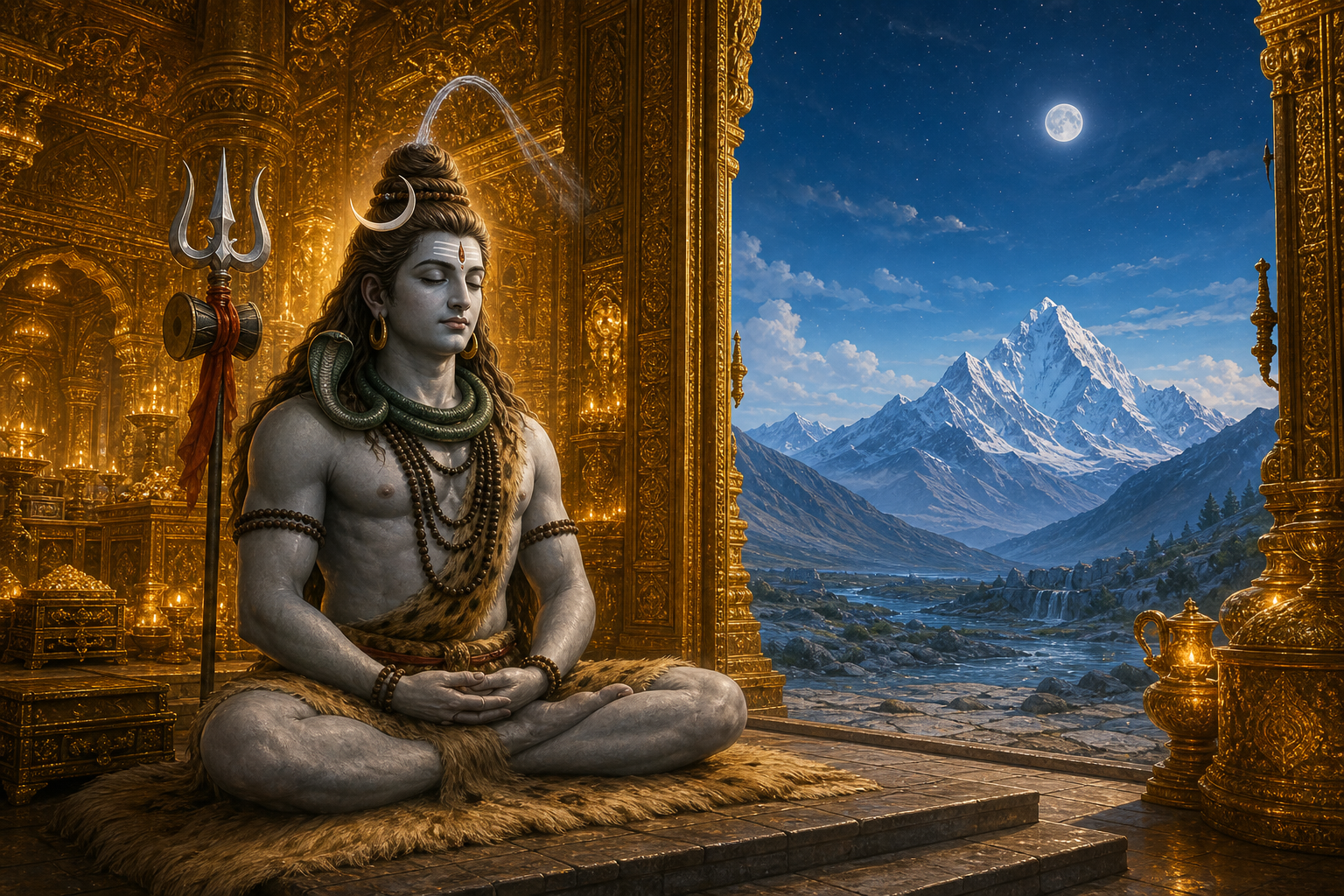 Shiva meditates calmly at the threshold of an ornate golden palace, with glowing chambers behind him and open Himalayan mountains ahead.