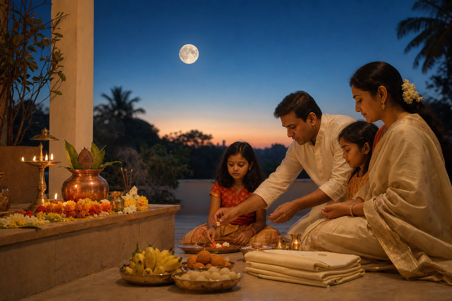 A family prepares a flower- and lamp-decorated Purnima altar in an Indian courtyard as a nearly full moon rises at twilight.
