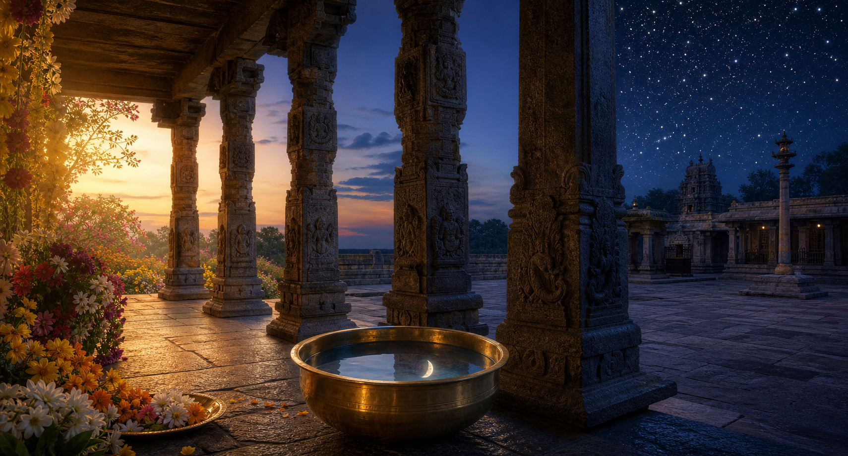 A connected three-part temple scene shows seasonal flowers, a moon reflected in a brass bowl and stars above a stone courtyard.