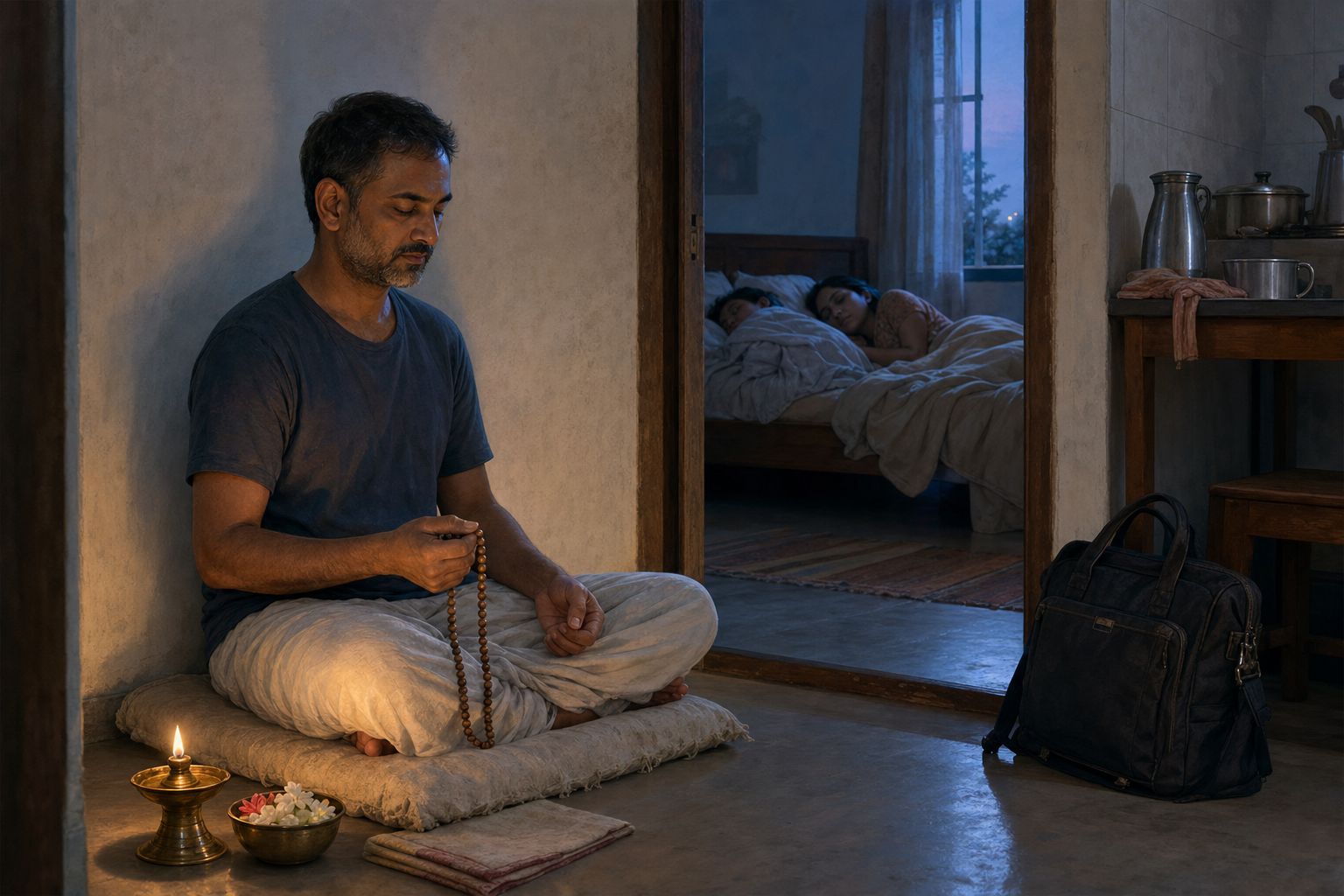 A householder practices with a wooden prayer mala before sunrise in a modest home, with a work bag and breakfast utensils visible nearby.