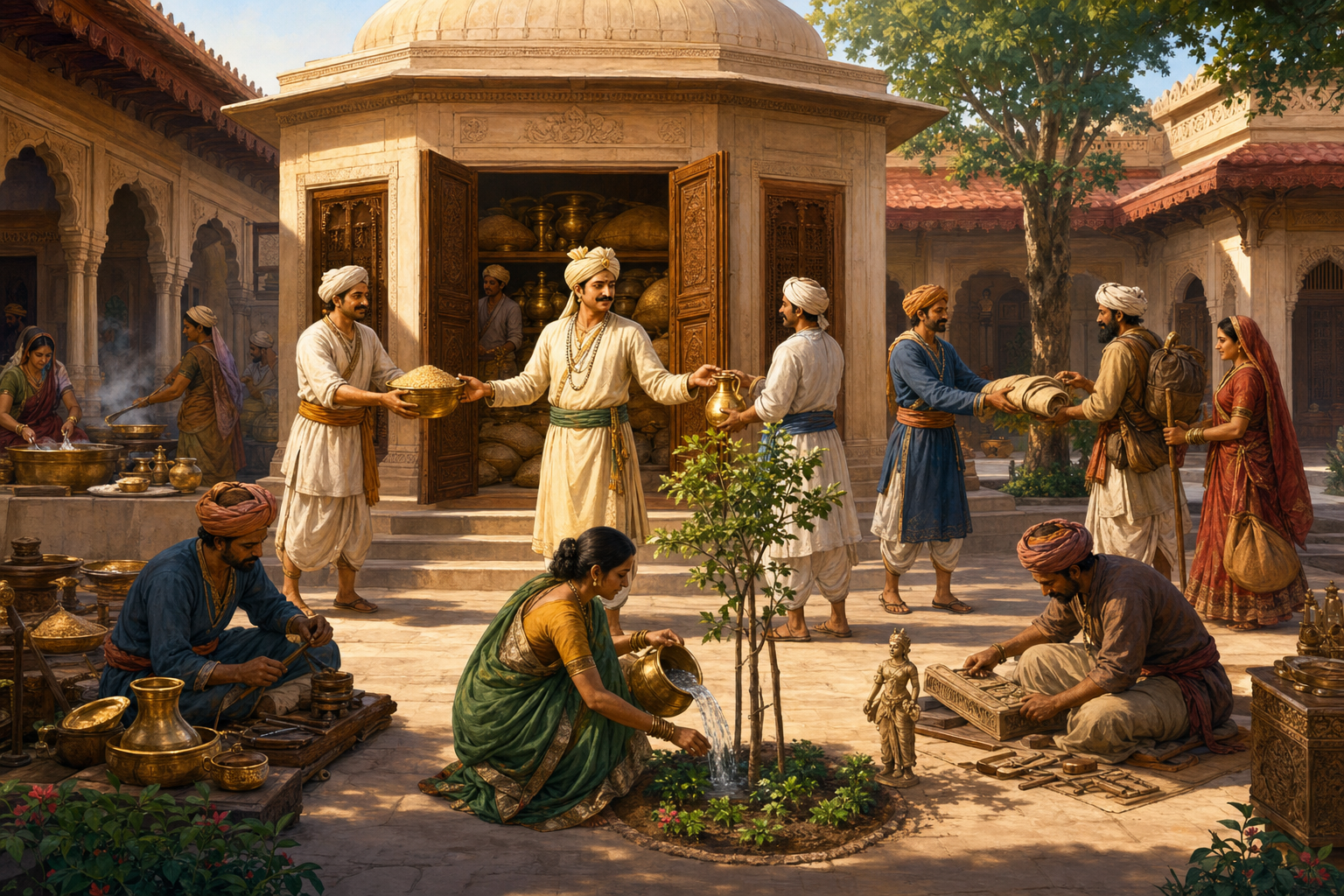 A prosperous household distributes grain, water, materials, and provisions from an open courtyard storehouse to cooks, artisans, travelers, and a newly planted tree.