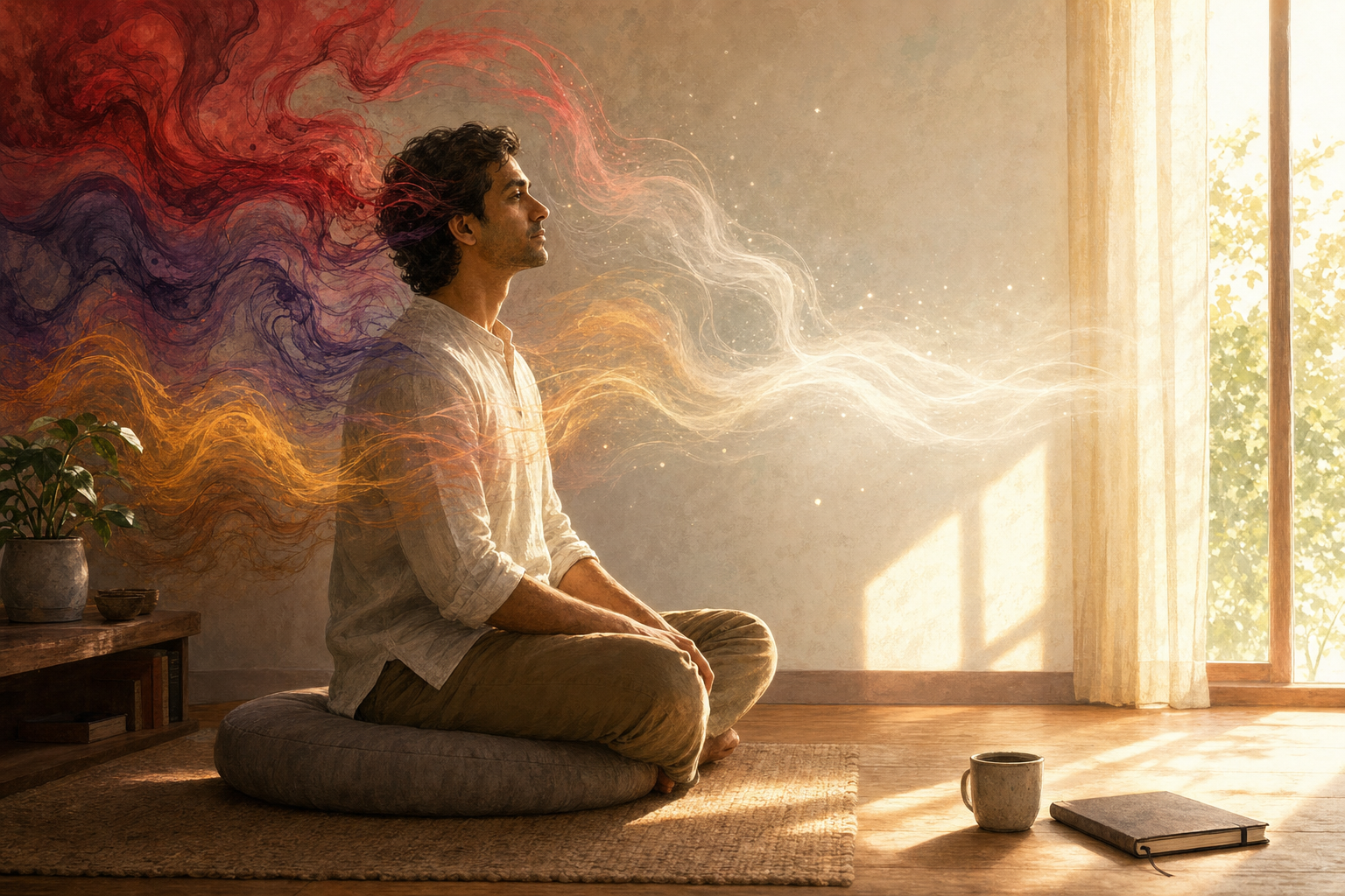 A person sits attentively on a meditation cushion as dark red and violet currents around the head and chest dissolve into clear morning light.