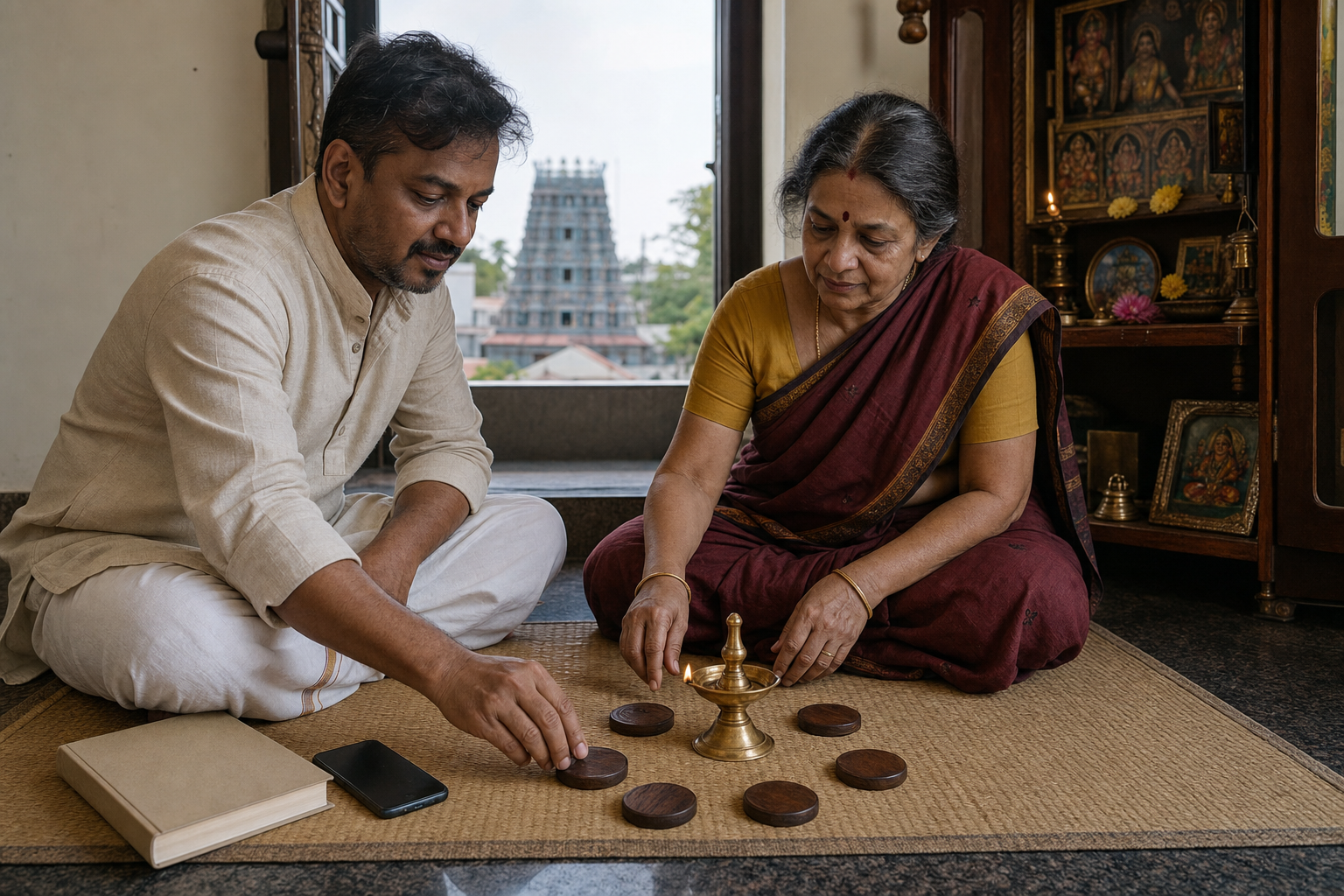 Two family members arrange unmarked wooden tokens beside a brass lamp and home shrine, with a neighborhood temple visible outside.
