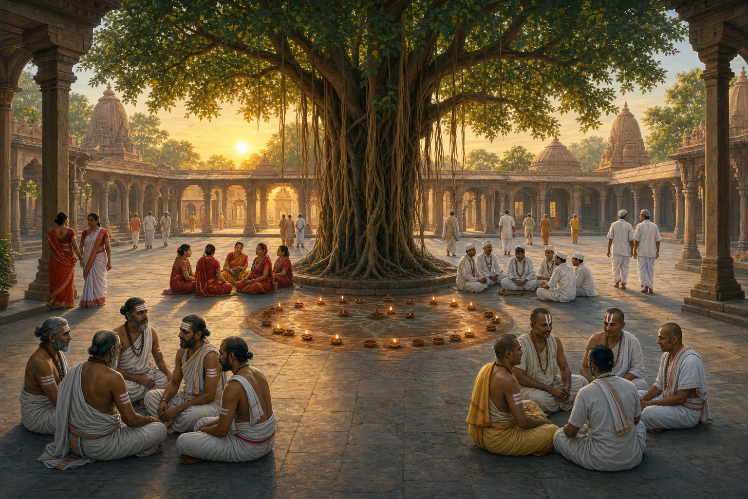 Devotees from several Hindu traditions meet around a banyan tree in a shared courtyard while retaining distinct dress and devotional markings.