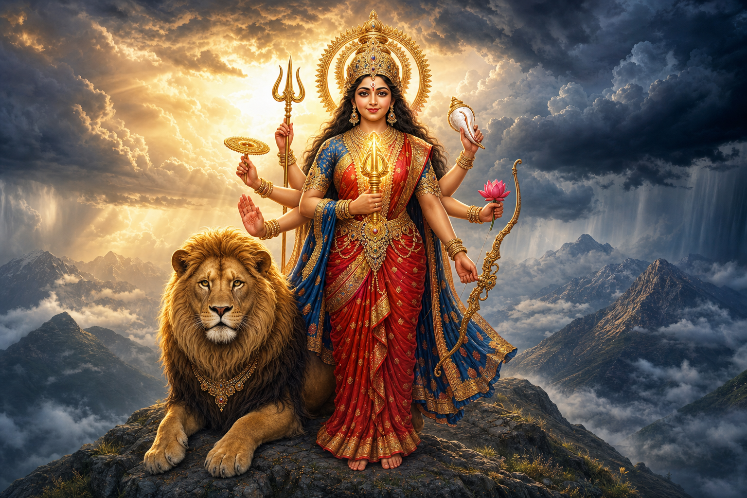 Goddess Durga stands calmly on a mountain ridge holding a luminous golden vajra, with a watchful lion beside her beneath parting storm clouds.