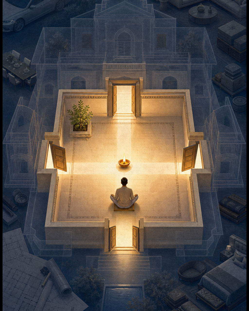 A person meditates beside a lamp in a balanced inner courtyard enclosed by the faint outline of a larger luxurious house and surrounding possessions.