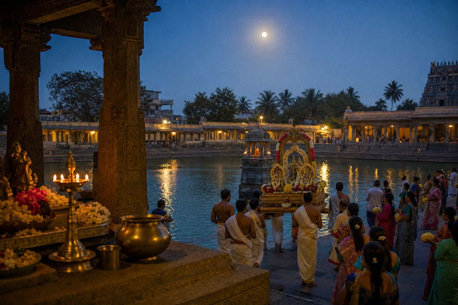 A flower-decorated temple procession approaches the steps of a South Indian water tank while families hold offerings under a full moon.