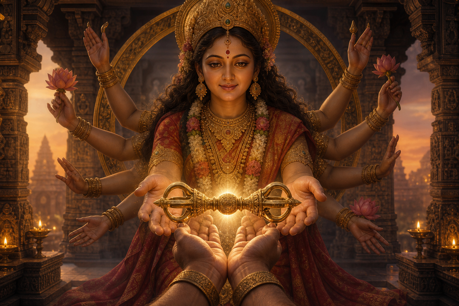 A glowing vajra is placed into Durga's open hands inside a softly lit stone temple.