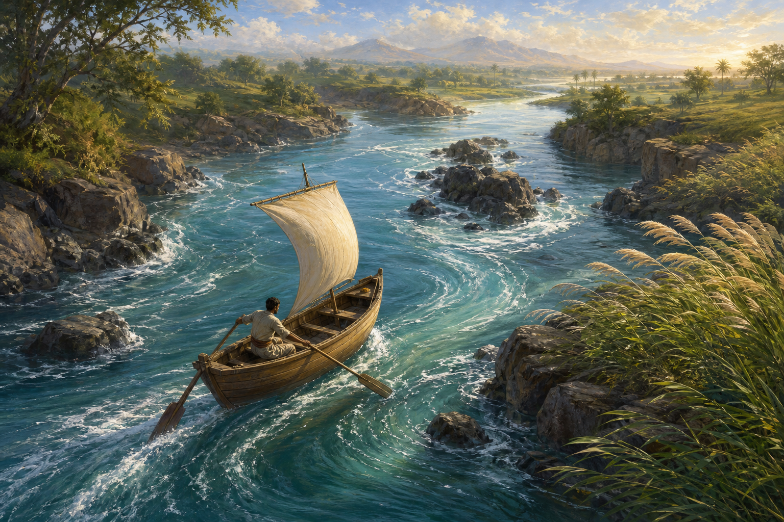 A rower steers a small sailboat through a strong river current between rocks and narrow banks.