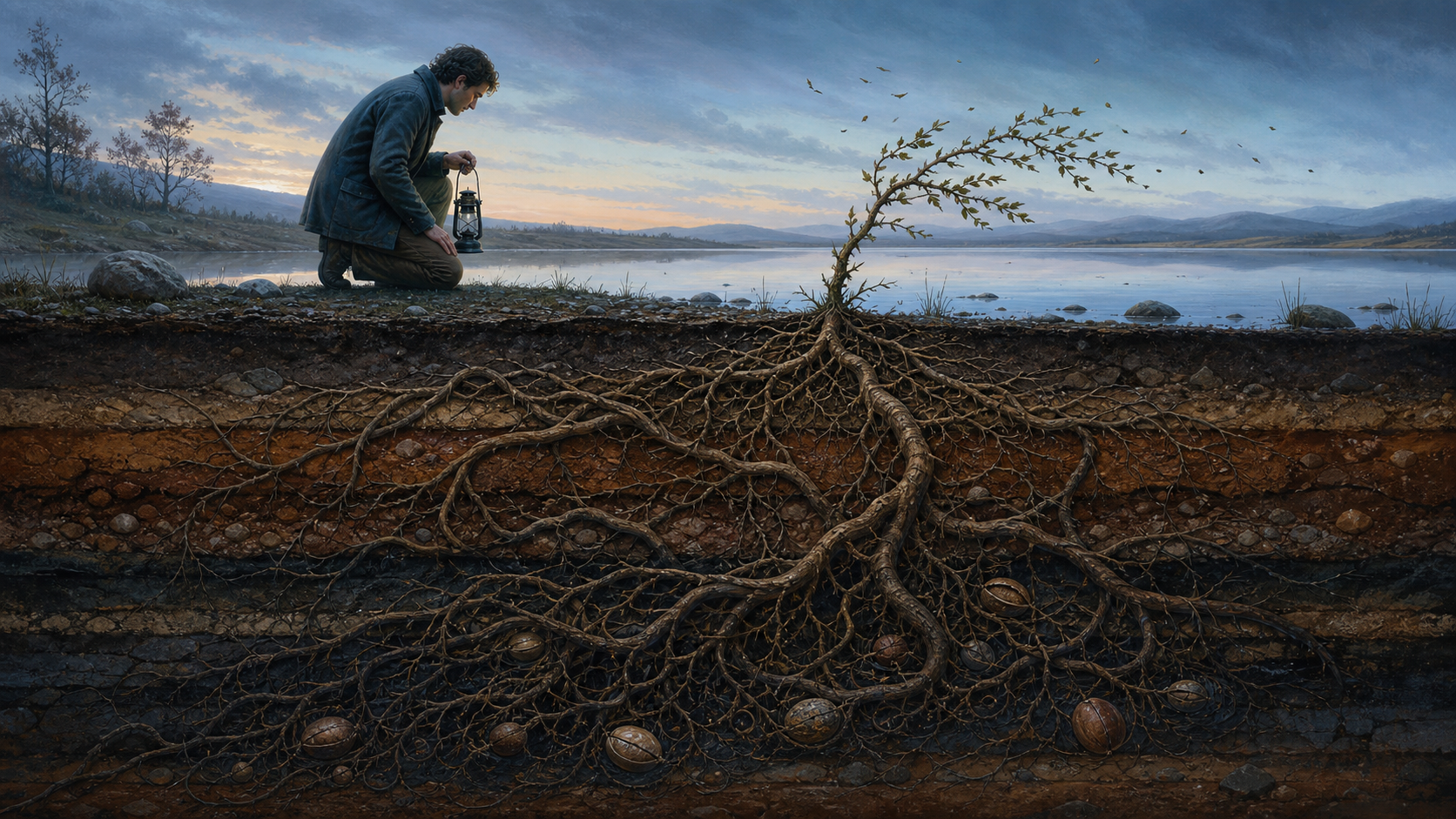 A small thorny plant above ground connects to a large network of roots and buried seeds beneath the soil as a kneeling person observes.