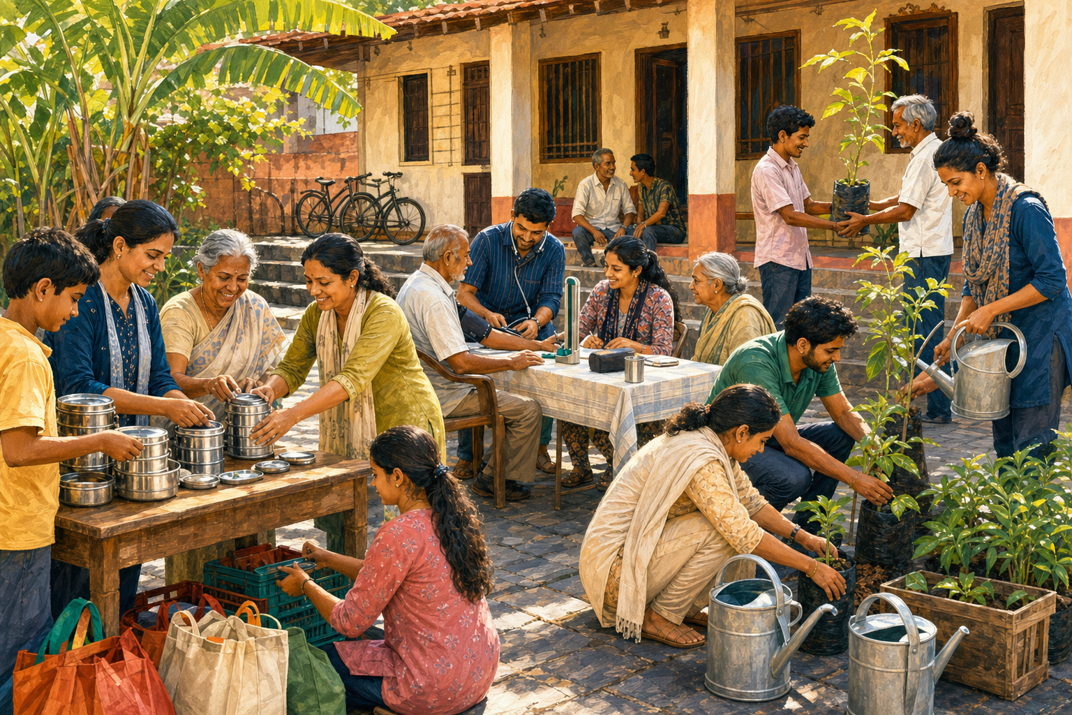 Community volunteers in Jalgaon pack meals, offer a health check, and prepare tree saplings during a neighborhood service day.