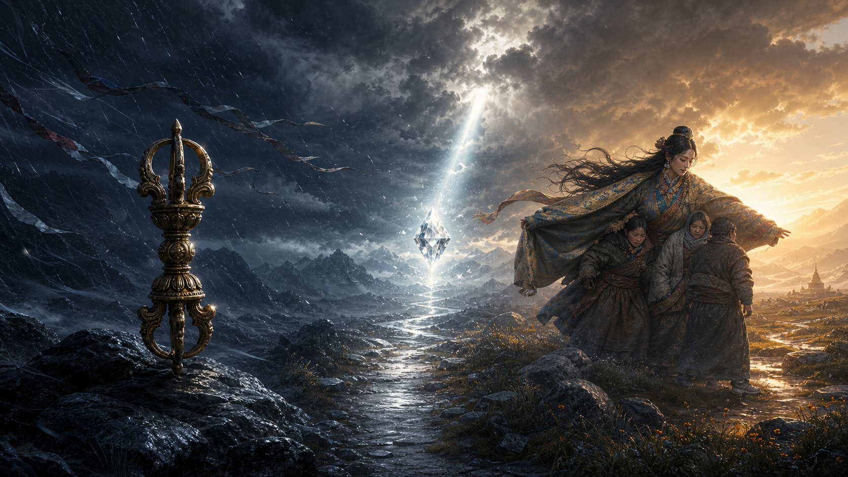 A vajra remains firm in a storm, reflects a beam of light onto a path, and accompanies a guardian shielding travelers as dawn breaks.