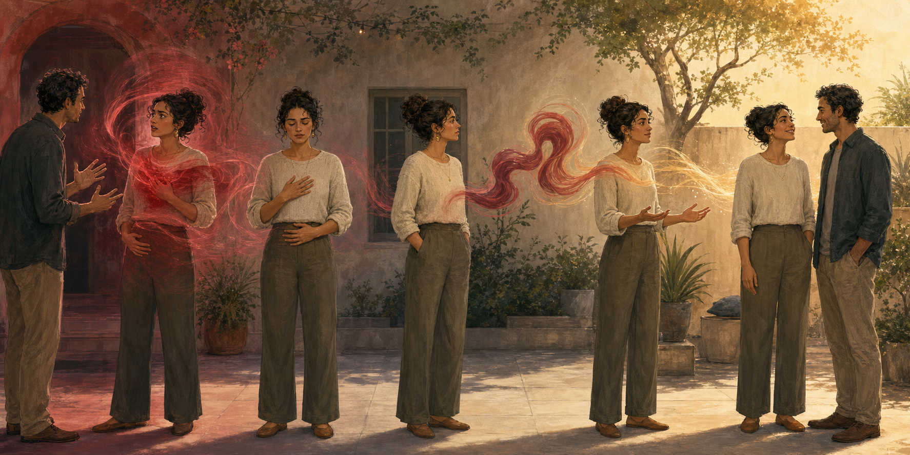 Five successive views show a person pausing during tension, grounding the body, observing an emotional wave, choosing a calm gesture, and returning to a peaceful conversation.