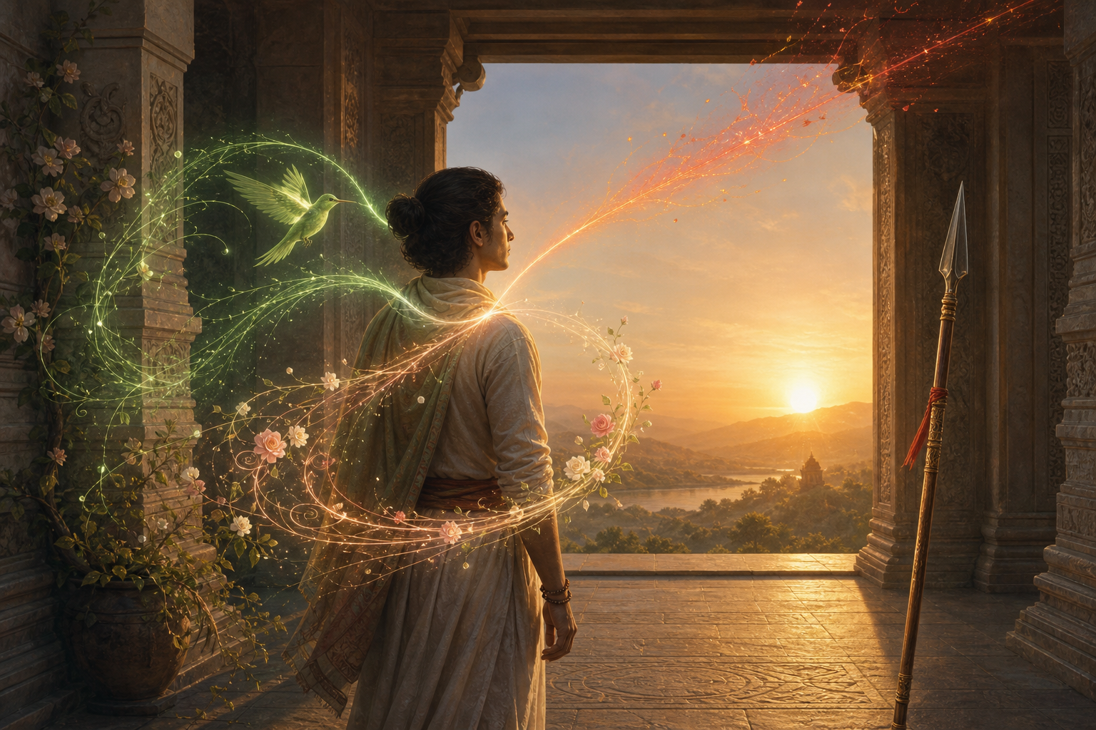 A seeker at a sunrise pavilion is surrounded by emerald threads, restrained red sparks, and rose-gold flowering light representing three different planetary qualities.