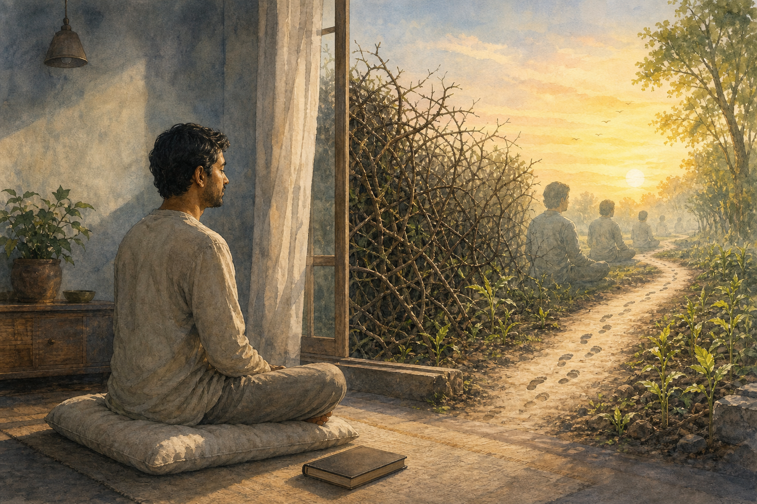 A person practices quietly beside a window while faint repeated silhouettes and a garden path with thinning thorny vines suggest a consistent daily discipline.