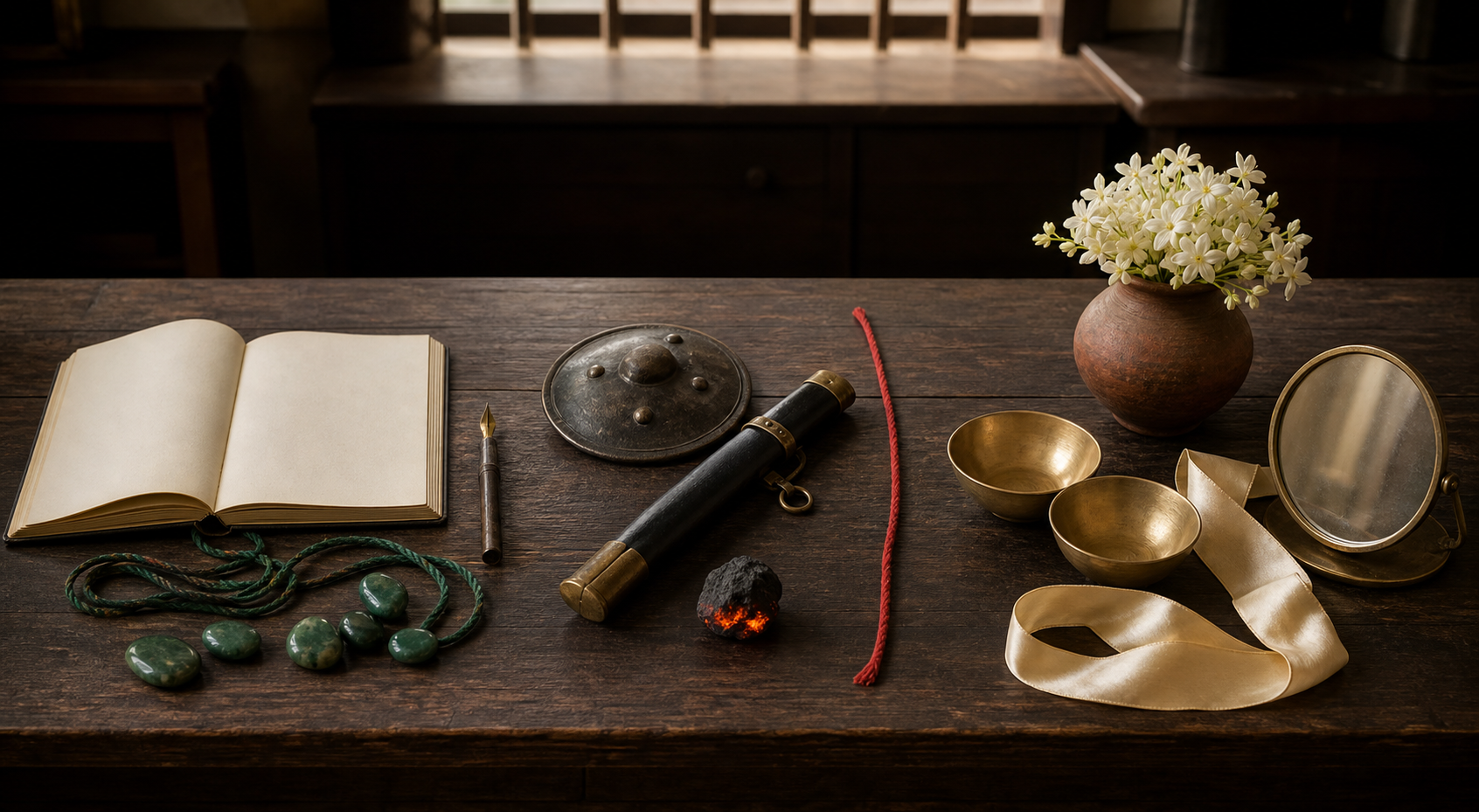 Three still-life groupings show blank writing tools and green cords, a shield and sheathed blade, and jasmine beside a mirror and balanced bowls.