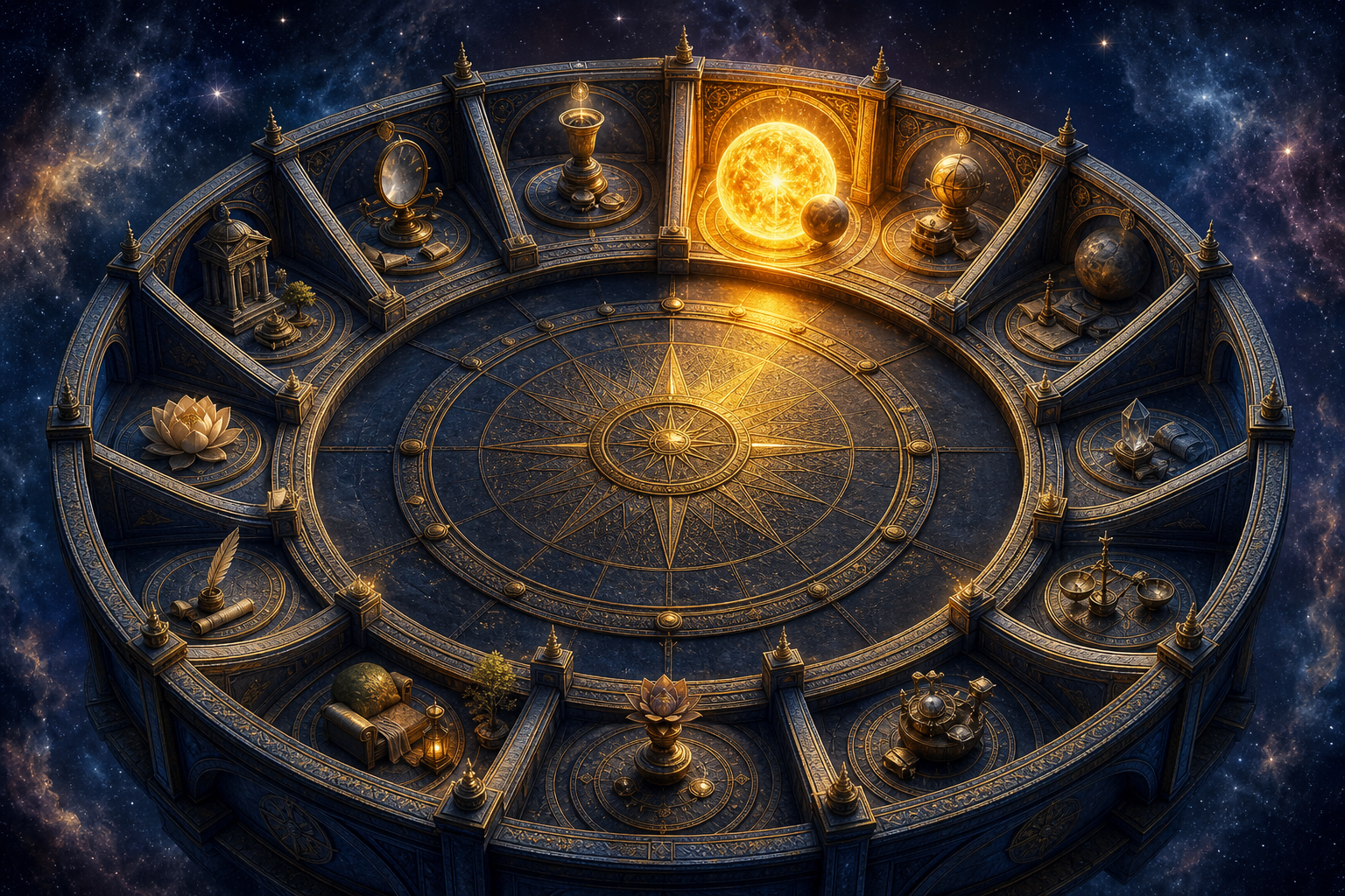 A golden Sun and another planetary sphere share one chamber in a circular celestial pavilion divided into twelve distinct spaces.