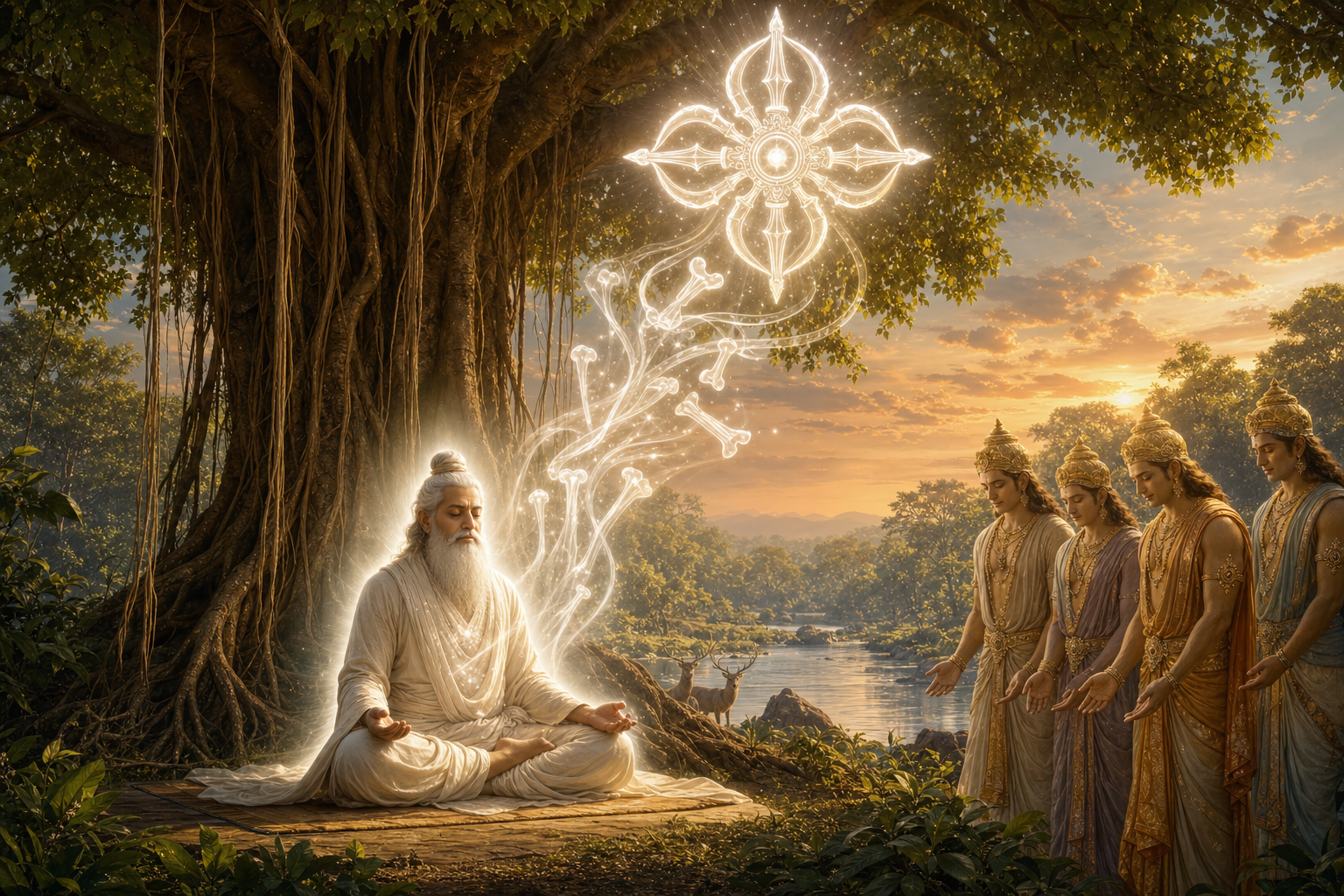 The sage Dadhichi meditates beneath a banyan tree as a non-graphic luminous form rises and becomes a vajra while celestial figures bow at a distance.