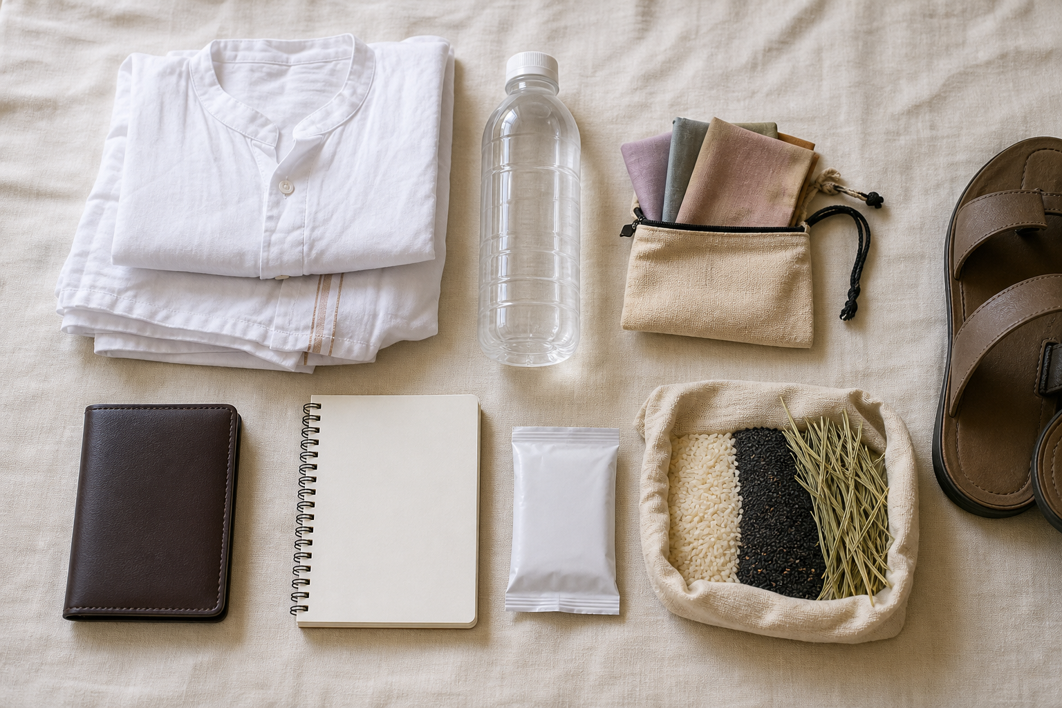 Folded white clothes, a closed document wallet, money pouch, water bottle, medicine packet, sandals, and ritual supplies are arranged for a pilgrimage to Gaya.