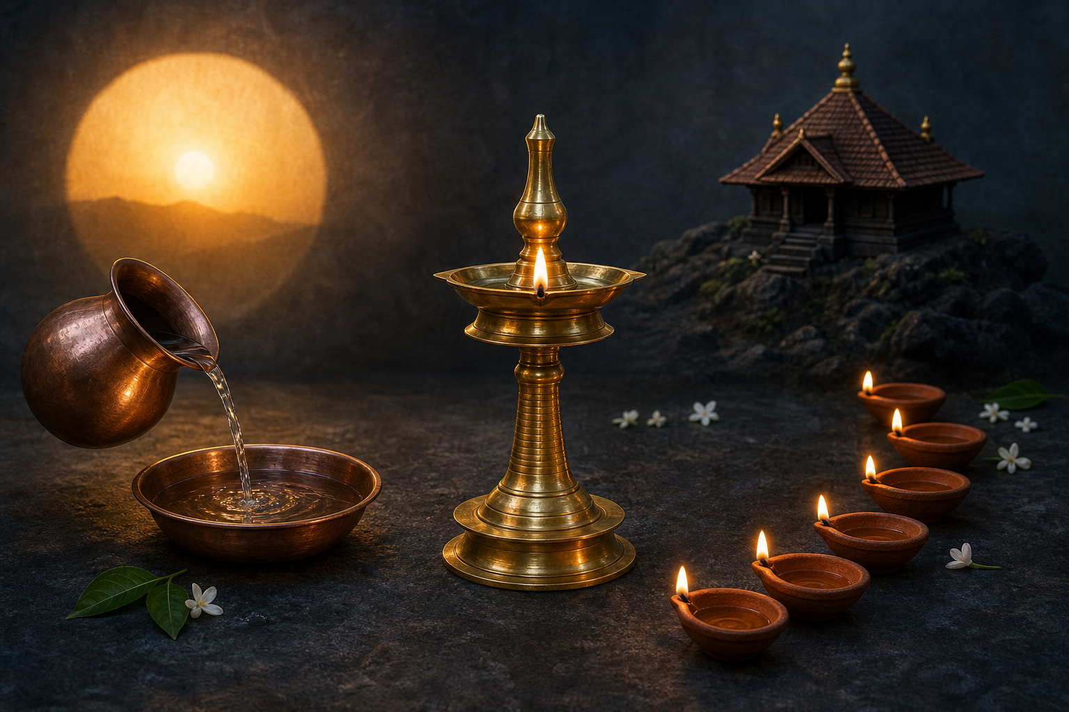 A central brass lamp separates a sunlit water offering from six clay lamps leading toward a small hill-shrine silhouette.