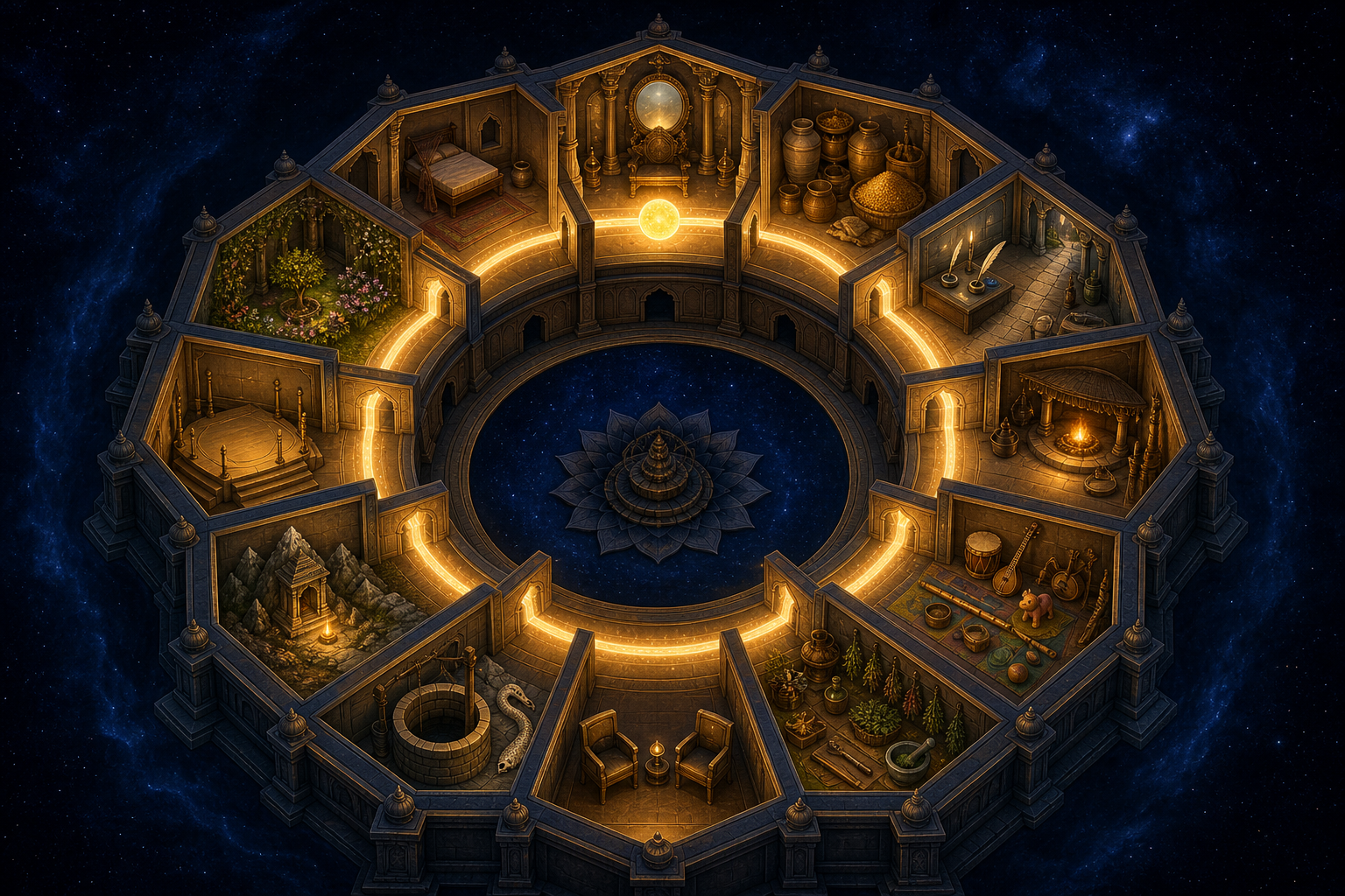 A twelve-room cosmic temple contains different symbolic settings while a glowing solar orb illuminates a path through the rooms.