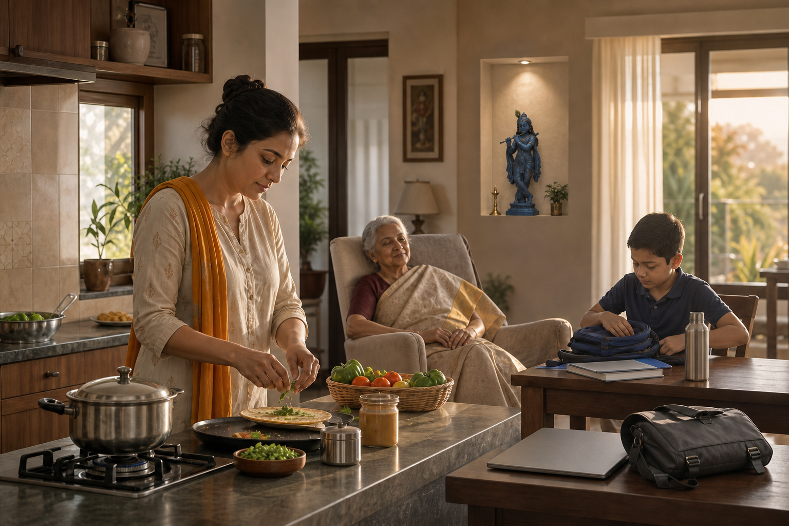 A calm householder prepares food while caring for family members, with work items nearby and a small Krishna sculpture in a home alcove.