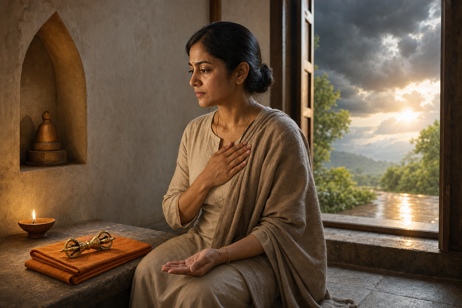 A woman reflects beside a ceremonial vajra and clay lamp as sunlight appears through a doorway beyond a receding storm.