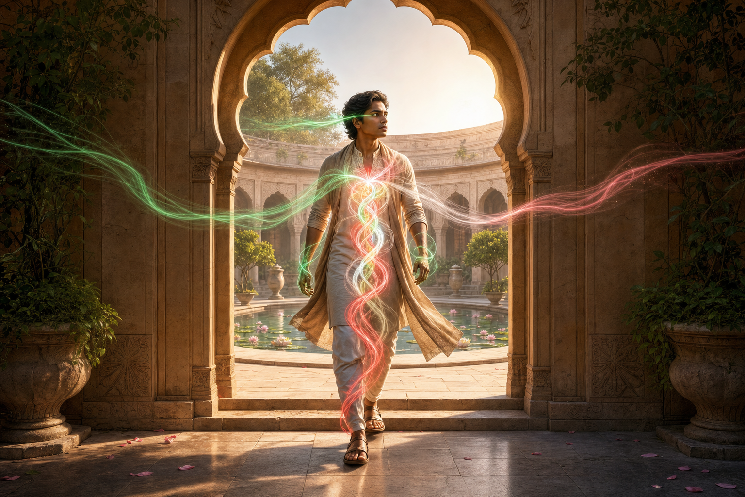 A person enters a circular courtyard as green, crimson, and rose-colored currents braid together around the body at the gateway.