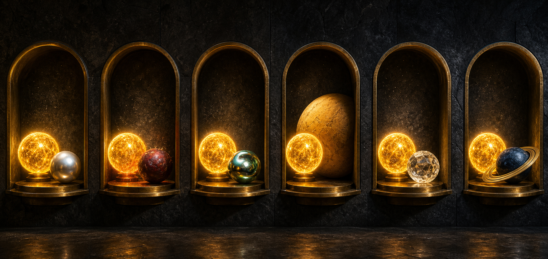 Repeated golden solar spheres appear in separate alcoves beside companion spheres of different colors, materials, and sizes.