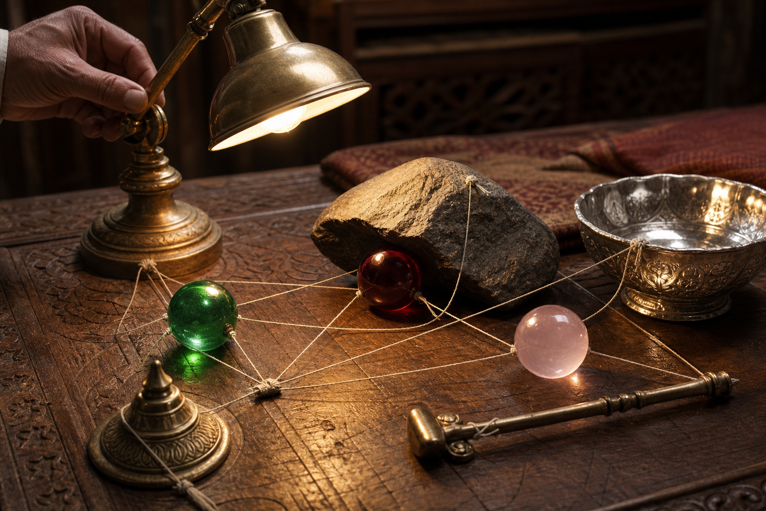 A hand adjusts a brass lamp over green, red, and rose glass spheres affected by shadow, reflection, and nearby objects.