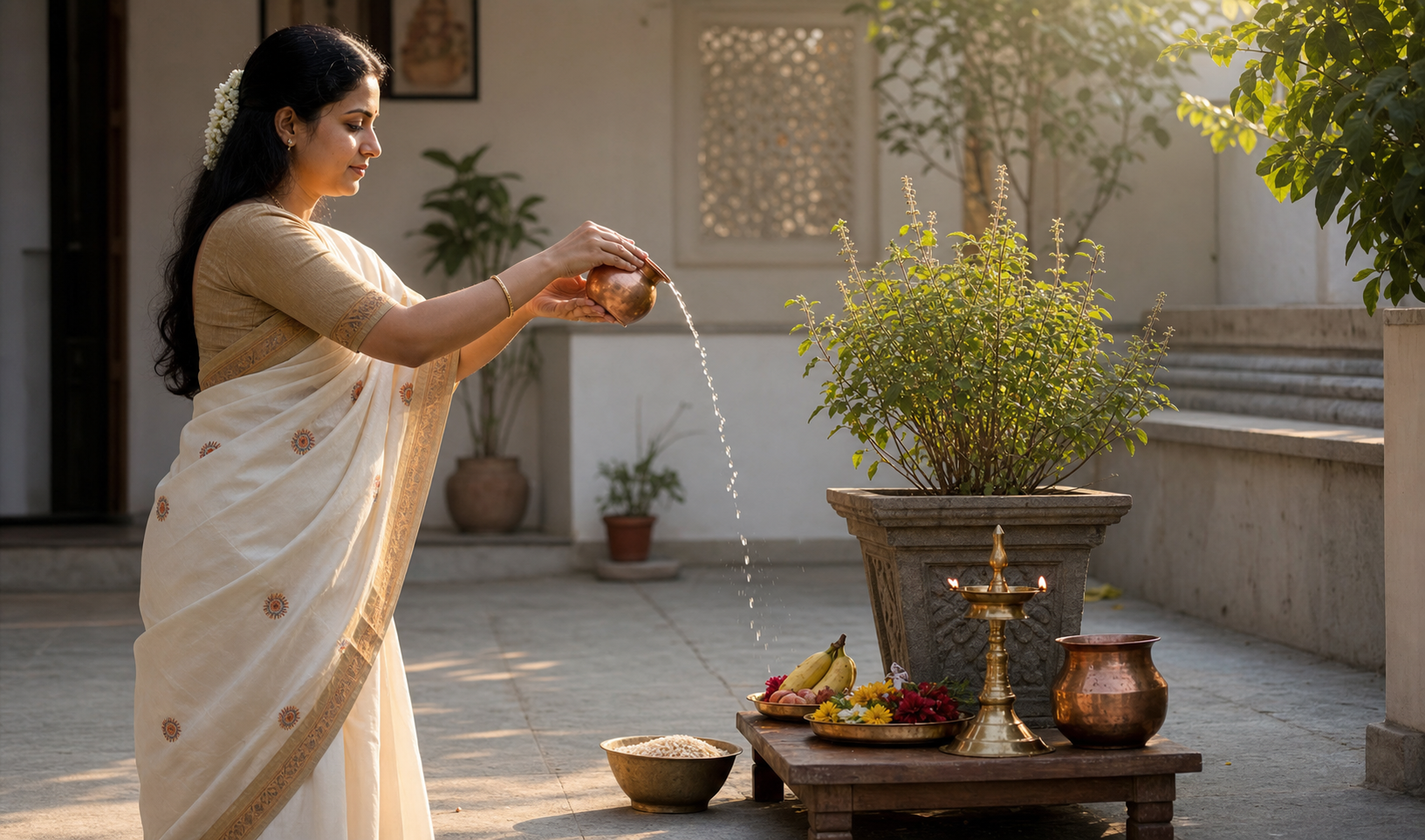 A devotee pours water from a copper vessel during a simple sunrise observance in a home courtyard with a lamp, flowers, fruit, and grains.
