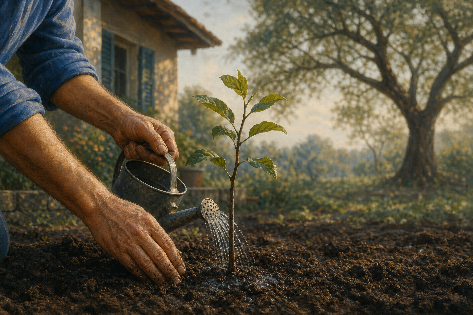 A householder carefully waters a young tree in a home garden while mature branches remain in the distance.