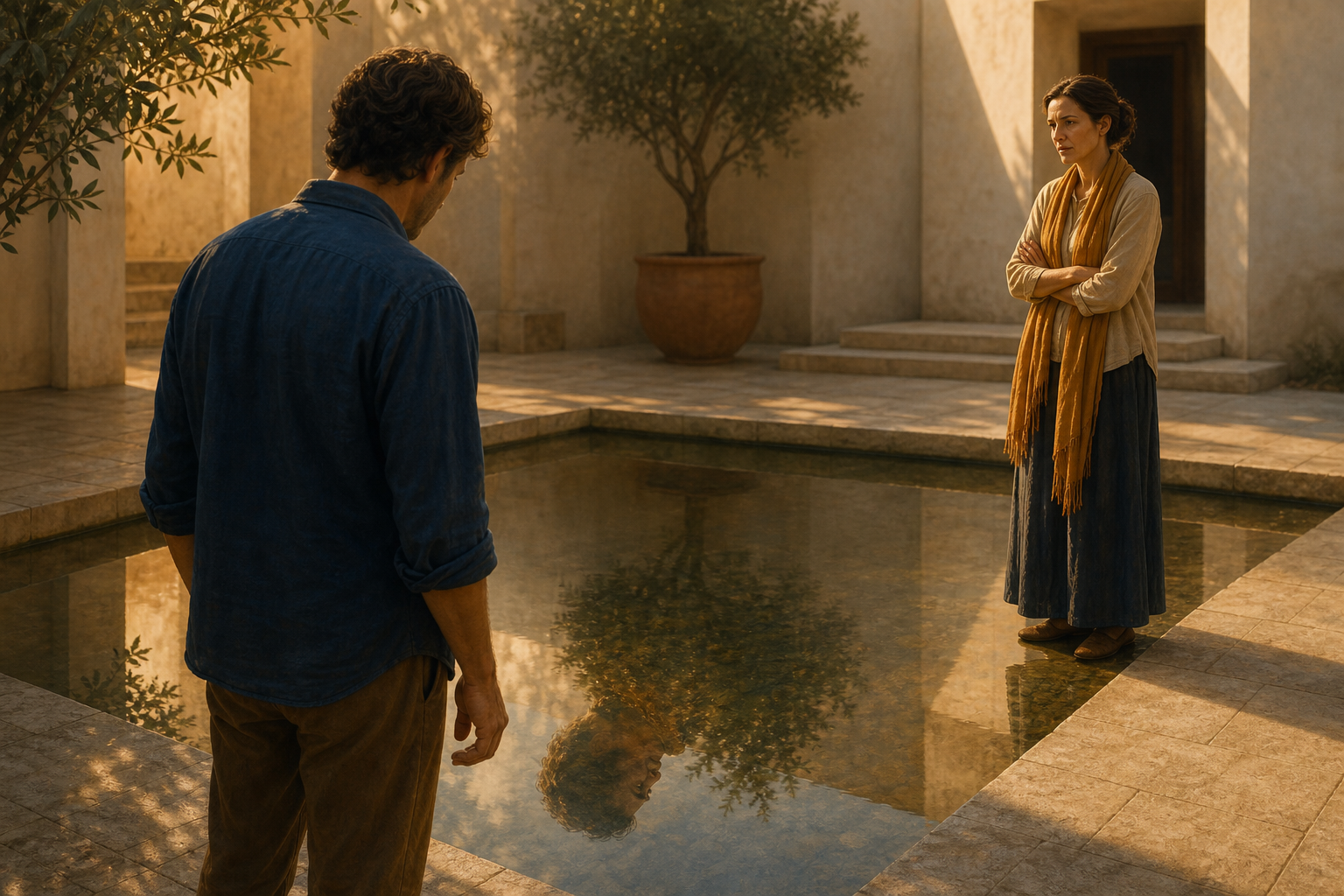 Two adults face each other in a sunlit courtyard while one lowers a pointing hand and looks at their reflection in a shallow pool.