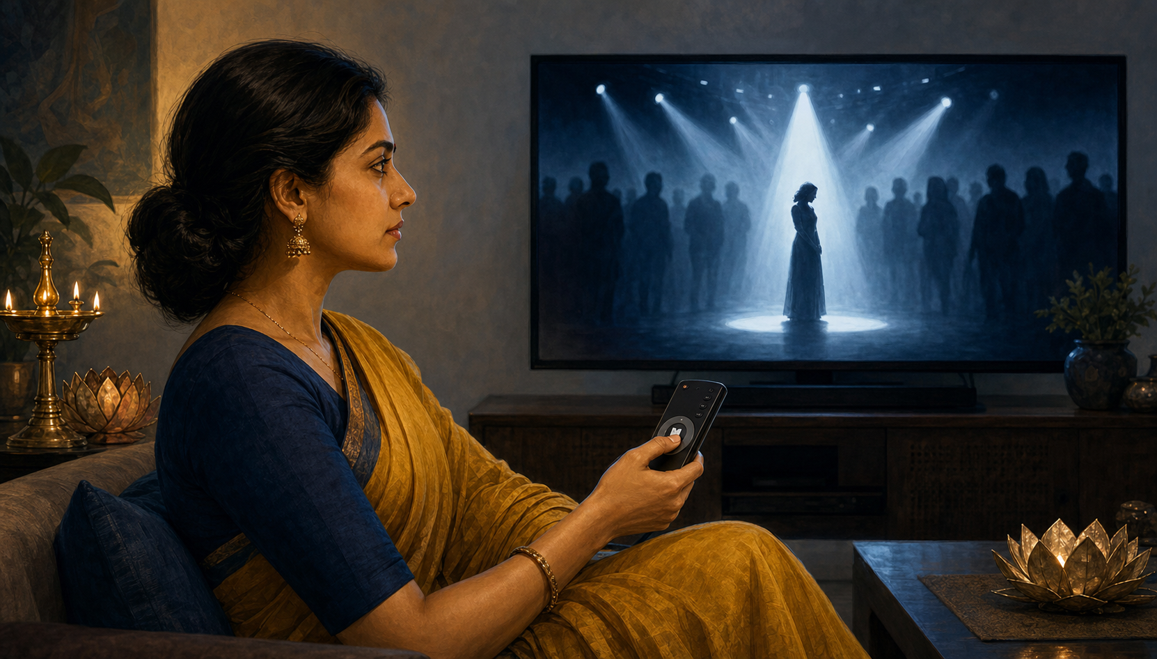 A woman pauses an indistinct reality show on a television while a warm lamp glows beside her in a contemporary Indian home.