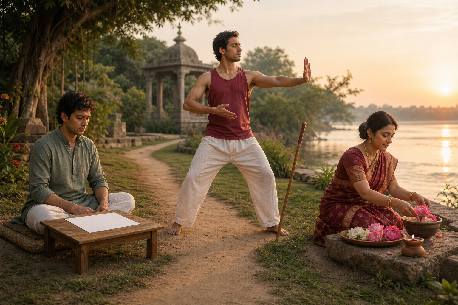 Three people in a riverside garden practice quiet reflection, controlled movement, and attentive flower offering to cultivate greater balance.