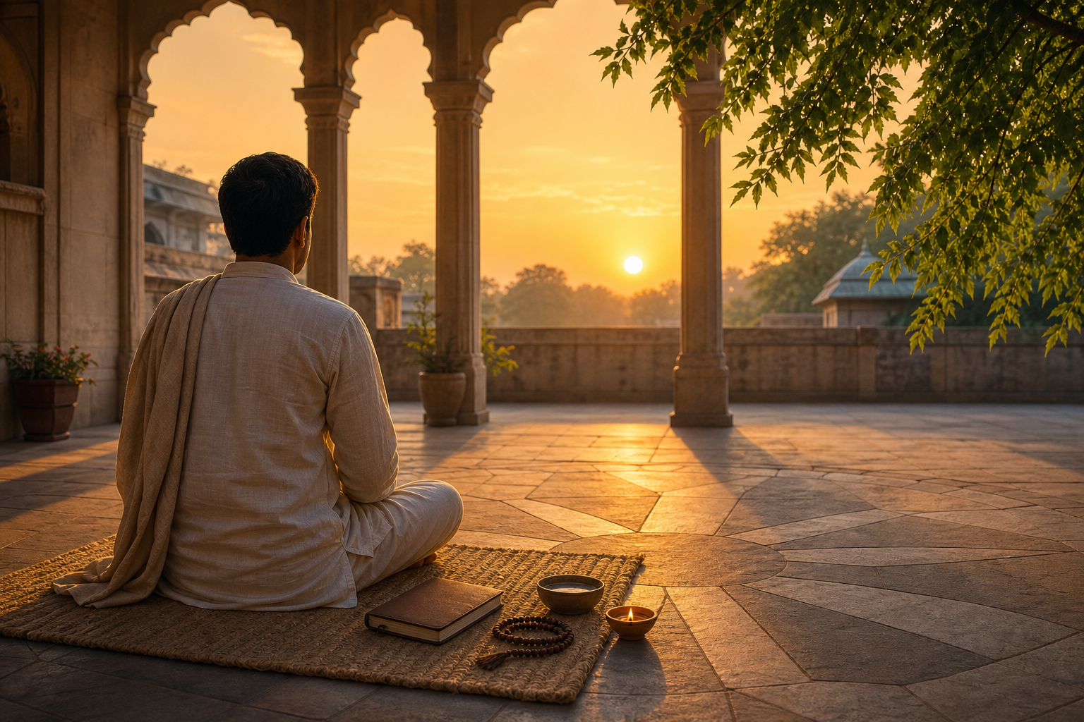 A person sits in a dawn courtyard beside prayer beads, a closed journal, a water bowl, and an oil lamp while facing the rising Sun.