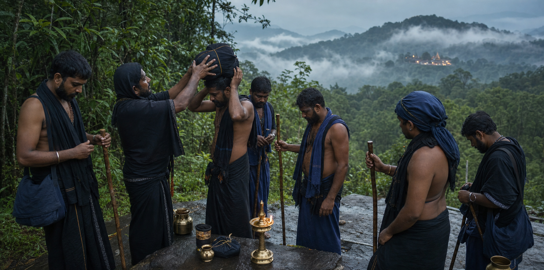 Devotees in dark pilgrimage clothing prepare their bundles and walking staffs before entering a misty forest route toward a distant hill shrine.