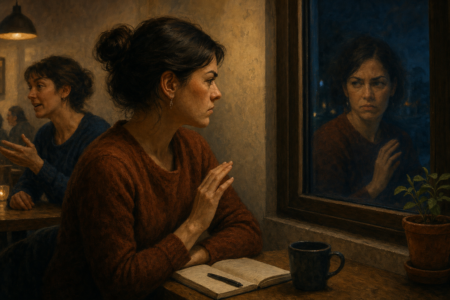 A tense person pauses at a communal table and notices their own impatient expression reflected in a nearby window after being interrupted.