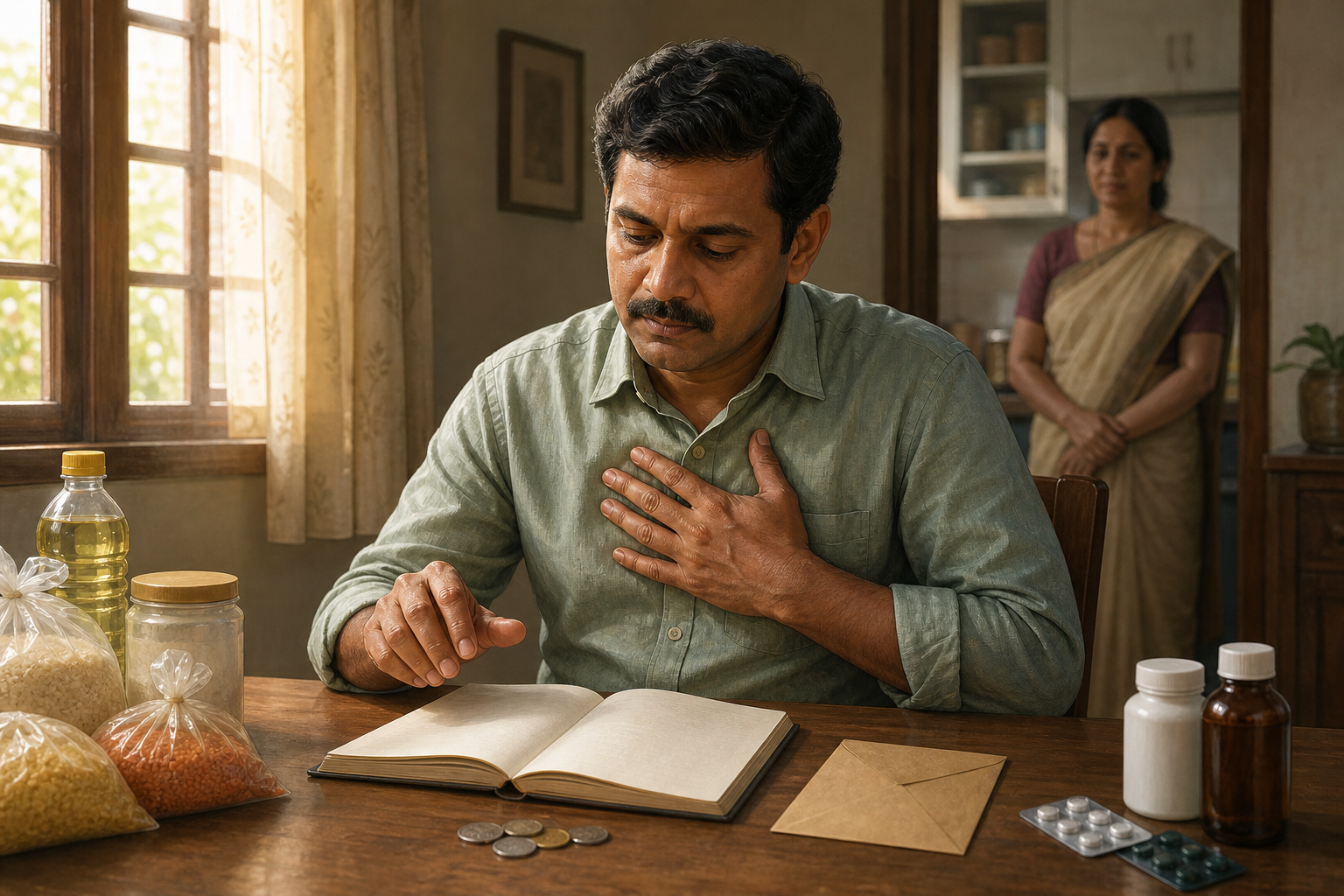 A householder pauses thoughtfully over blank financial papers, coins, groceries, and medicine at a dining table.