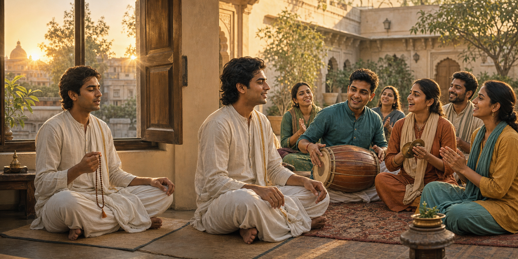 A devotee chants with prayer beads beside an open window while a nearby courtyard circle sings together with a drum and hand cymbals.
