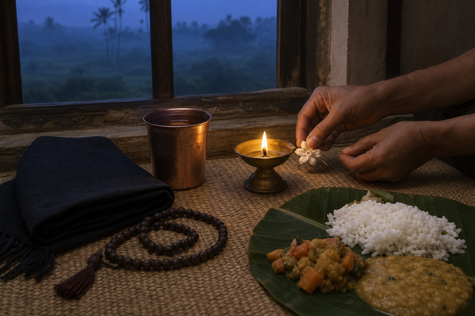 A prayer mala, folded black shawl, lit brass lamp, copper cup, jasmine flower, and simple meal are arranged on a woven mat at dawn.