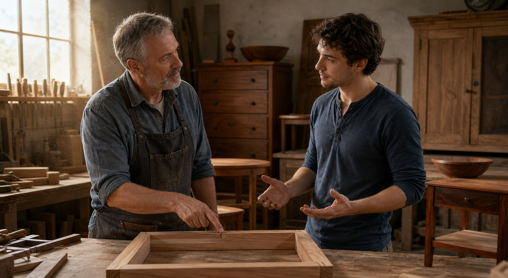 A craftsperson points to a misaligned wooden joint while another adult listens attentively with open hands in a softly lit workshop.